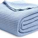 Bedsure 100% Cotton Blanket Queen Size for Bed - Breathable and Soft, Waffle Weave Blanket for Summer Spring, Sky Blue, 90x90 Inches