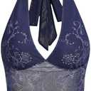 COZYEASE Women's Y2K Sheer Mesh Tie Back Halter Top Floral Print Rhinestone Cami Tops Backless Crop Tee XL
