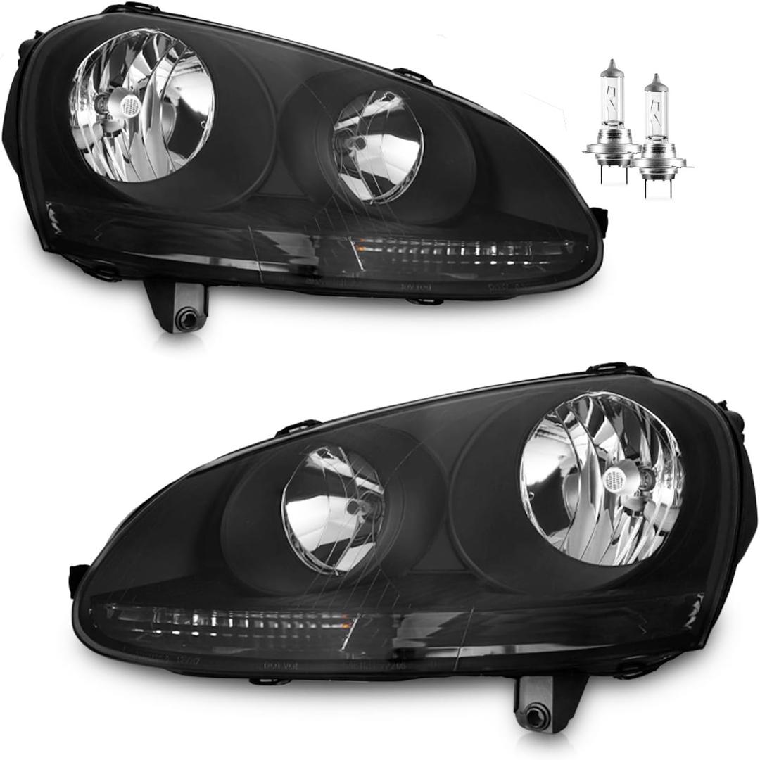Headlights W/Bulbs for 2005-2010 VW Jetta Sedan/ 06-09 Volkswagen GTI/Rabbit/ 09 VW Wagon, DOES NOT FIT XENON/HID, Driver & Passenger Side (Black Housing | With High & Low Beam Bulbs)