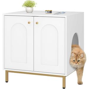 Cat Litter Box Enclosure, Hidden Litter Box Furniture Cabinet, Wooden Indoor Cat House, Side End Table, Living Room, Bedroom, White and Gold CB81203G (23.6"L x 19.7"W x 24"H)