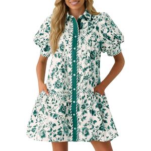 Wenrine Womens Mini Dress Summer Casual Short Puff Sleeve Floral Collared V Neck Loose Button Down Shirt Dress with Pockets (Green, XL)