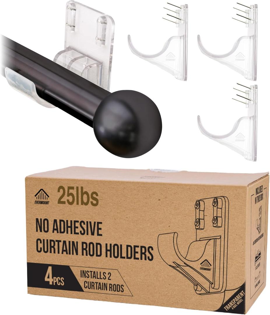 No Adhesive Heavy Duty Curtain Rod Holders with Wide Hook, 5X Stronger Than Adhesive Curtain Rod Hooks,Tension Curtain Rod Bracket for Wall with Pin Guide, Curtain Wall Mount (4 Pack, for 1.25" Rods)