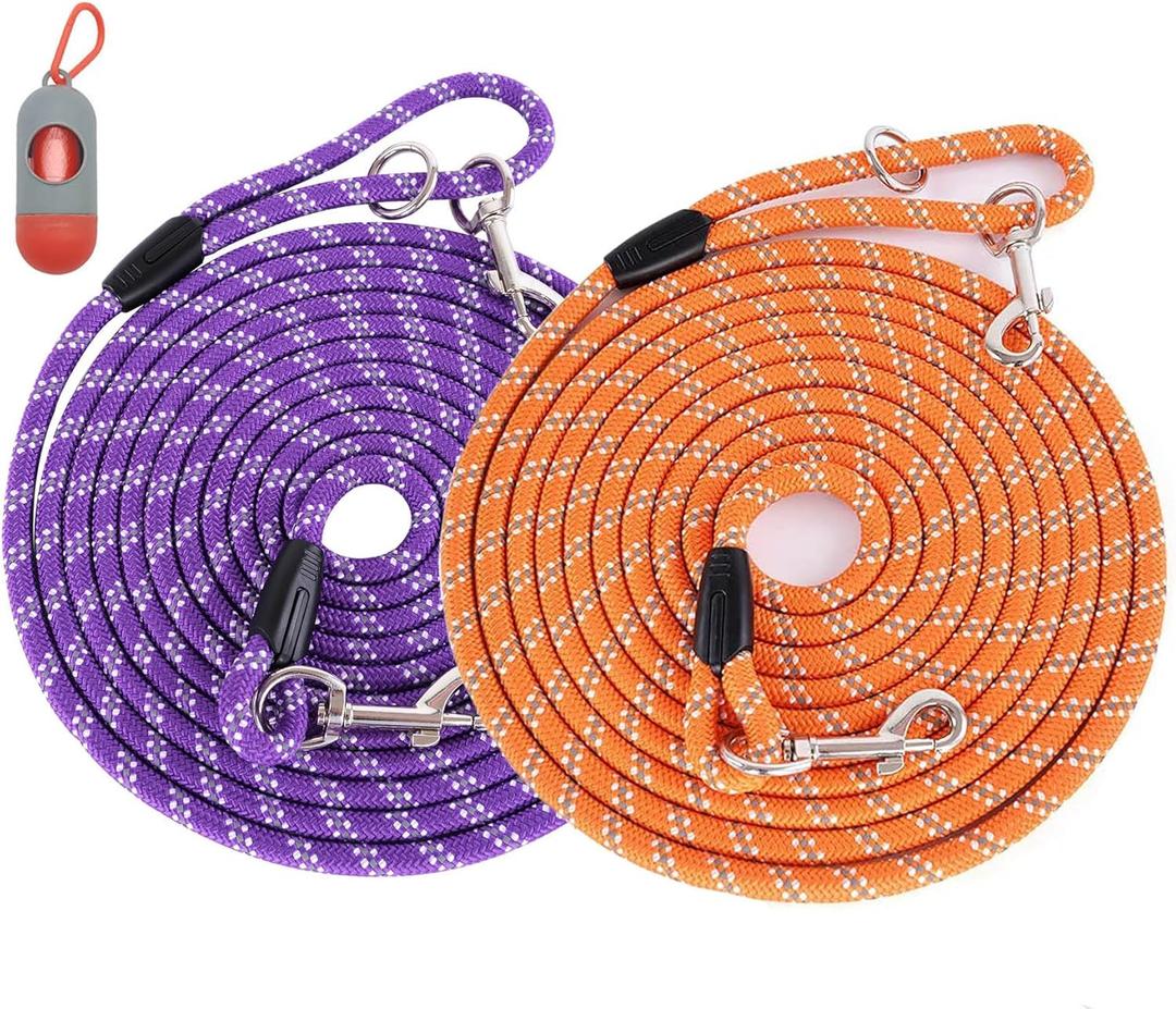(2 Pack) Long Dog Leash for Dog Training 15FT/30FT/50FT, Dog Rope Leashes with Reflective Thread for Large Medium Small Dogs, Dog Tie-Out Cable Lead for Hunting, Camping&Backyard (2Pack Orange&Purple)