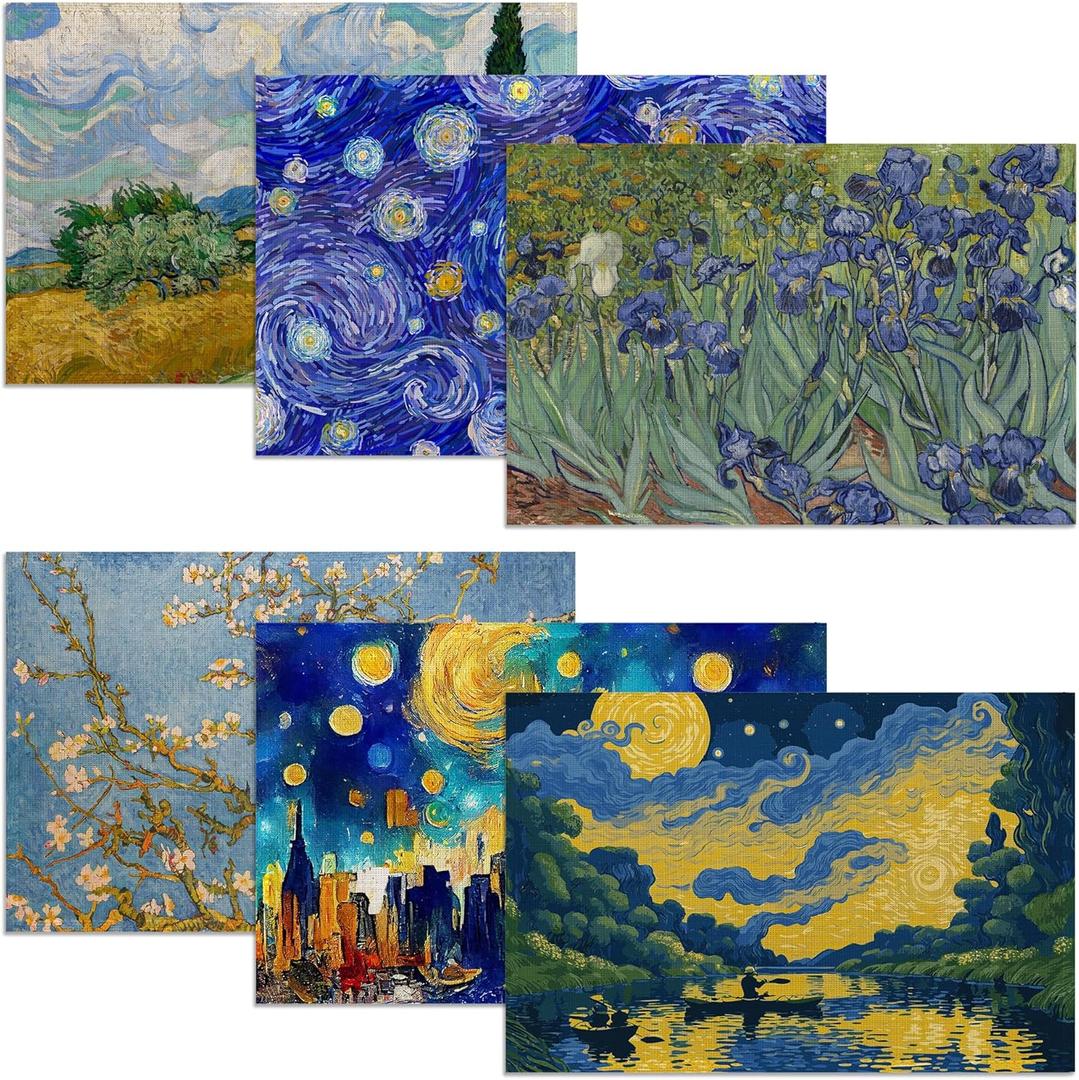 Van Gogh Style Watercolor Painting Placemats, 12 x 18 inch, Linen Placemat Kitchen Dining Room Decor Holiday Decor Rustic Vintage Waterproof Washable Placemat Set of 6