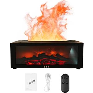 3D Flame Fireplace Humidifier Quiet Aroma Diffuser with Controller 150ml Essential Oil Diffuser Colorful Light Modes for Home Office(Black)