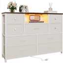 Dresser for Bedroom with 9 Drawers, White Storage Organizer TV Stand for 55" TV with LED Lights and Sockets, Fabric Chest of Drawers with PU Finish for Kid Room, Entryway, Living Room, Hallway