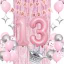 Happy 13th Birthday Decorations - Pink & Silver Balloons, Fringe Curtain, Crown Star Balloon for Her 13 Years Old Princess Party