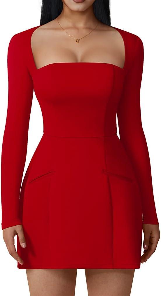 XXTAXN Women's Sexy Fashion Square Neck Long Sleeve Work Party A Line Mini Dress with Pocket (Red)