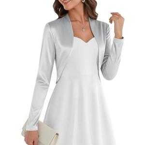 Belle Poque Women Long Sleeve Bolero Shrug Open Front Satin Jacket Ruffled Shrugs for Evening Dresses Formal (XX-Large, Silver)