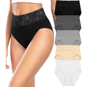 Wealurre Womens Underwear Cotton Bikini Panties for Women High Waisted Lace Hipster Stretch Briefs for Ladies 5 Pack (Large, Grey)