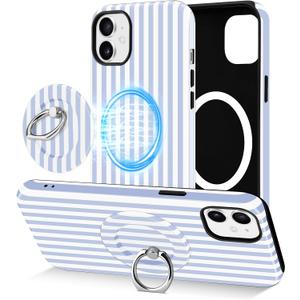 Jusy Compatible with Magsafe Striped Phone Case for iPhone 12 Pro Max, Cute Aesthetic Magnetic Ring Holder Stand Case, Soft TPU and Hard PC Protective Phone Cover for Women Girls - Blue Striped