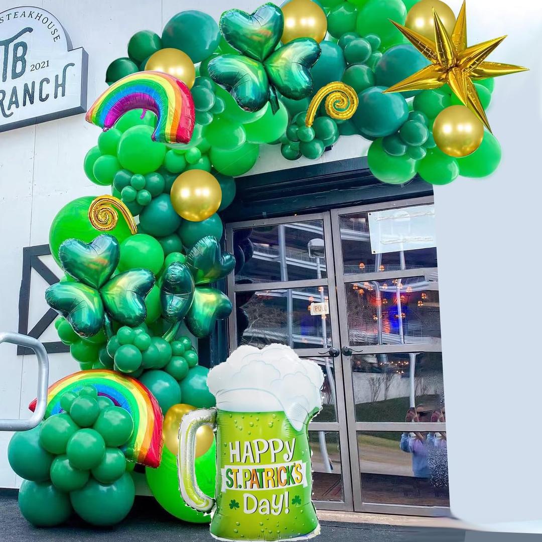 St. Patricks Day Green Balloon Garland Kit 141pcs Shamrock Latex Balloon Irish Green Decorations Rainbow Clover Happy St. Patrick's Day Aluminum Balloon for St. Patrick's Day Party Decorations