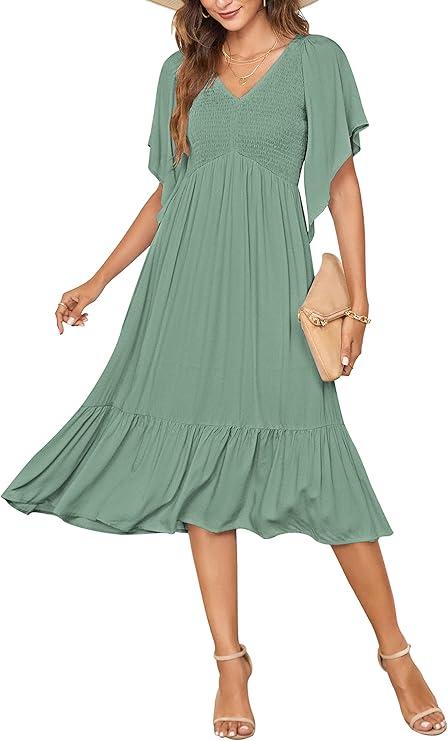 PYGFEMR Women's Summer Empire Waist Dress Smocked Flutter Short Sleeve V Neck Midi Dresses, L