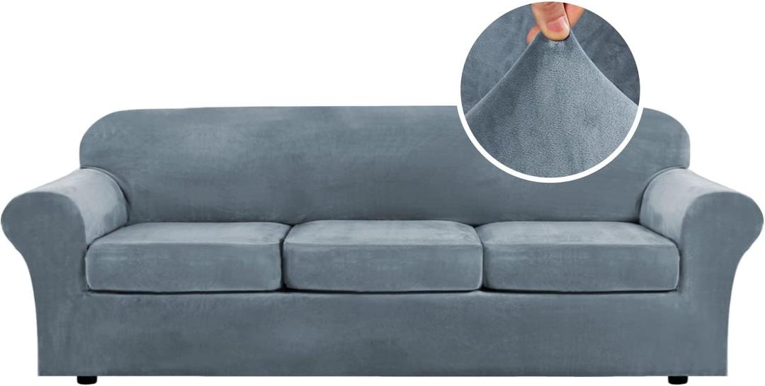 H.VERSAILTEX Velvet 4 Piece High Stretch Sofa Slipcover Cover Furniture Protector Form Fit Luxury Thick Velvet Extra Large Sofa Cover for 3 Cushion Couch Width Up to 97 Inch(XL Sofa, Stone Blue)