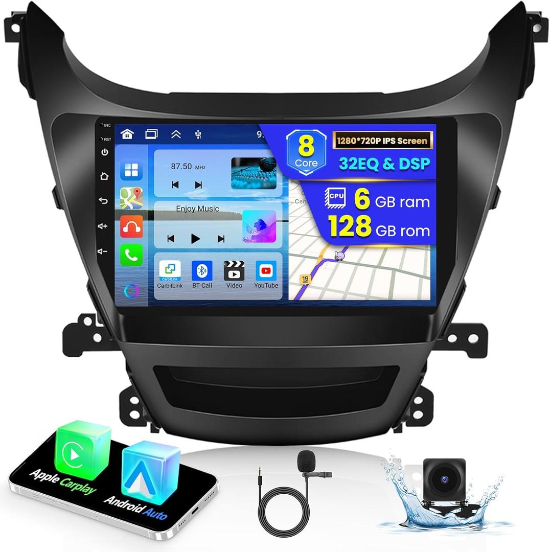Hikity 6+128GB Android 13 Car Stereo for 2014-2016 Hyundai Elantra Radio, 9 Inch IPS Touch Screen Radio with Wireless Apple Carplay Android Auto, Bluetooth GPS WiFi 32EQ DSP FM SWC+Mic, Backup Cam