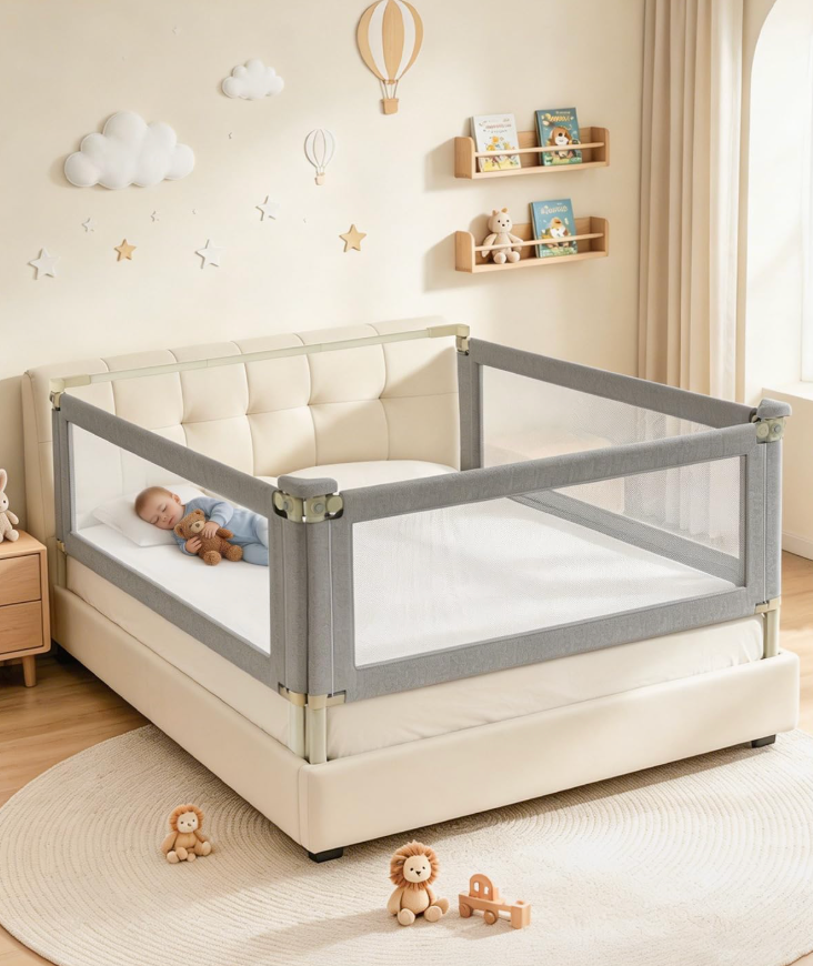 3-Piece Queen Size Bed Rail for Toddlers, Baby Bed Rail Guard with Height Adjustable, Headboard Rod, Bed Safety Rails for Queen Size Bed —(59" x 78.7" x 78.7")