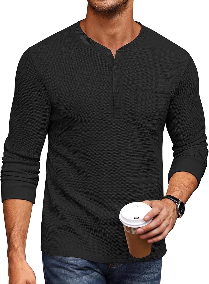 COOFANDY Men's Henley Shirts Long Sleeve Basic Waffle Pique Pullover T-Shirt with Pocket (Black)