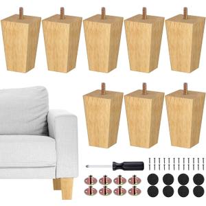 TURSTIN Set of 8 Furniture Legs 4 Inch Square Solid Wood Couch Legs Replacement Sofa Legs Mid Century Furniture Feet for Armchair Bed Dresser Cabinet Include Installation Hardware, Natural