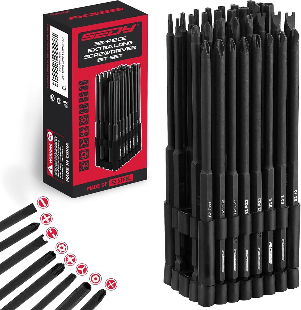 Extra Long Security Bit Set: 32-Piece S2 Steel Screwdriver Drill Bits for Tamper-Proof Screws, 6" Torx, PoziDriv, Spanner, Tri-Wing - Universal 1/4" Hex Shank for Electric, Impact Drills