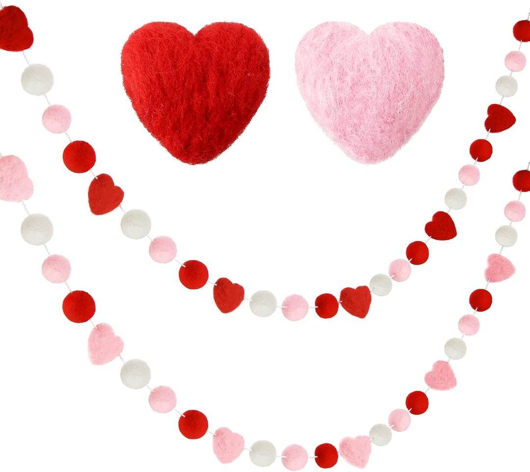 2 Pieces Valentines Day Felt Garlands Colorful Ball and Heart Hanging Garland Felt Pom Pom Ball Heart Banners for Party Home Decoration (Natural Colors Set)