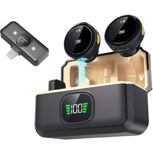 Magnetic Wireless Lavalier Mic for Android, iPhone(2 TX+1 RX+Charging Case), 2.4GHz Intelligent Noise Cancellation, 82ft Range, 360° Adjustable Microphone for Video Recording, Podcast, Interview
