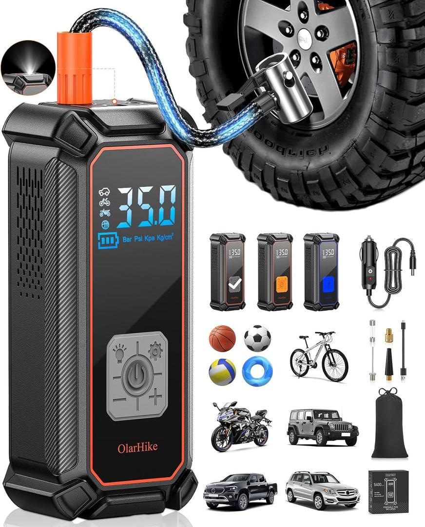 OlarHike Cordless Tire Inflator Portable Air Compressor, 150PSI Dual Power, 5400mAh & 12V DC Auto Air Pump for Car Tires, Motorcycle, Bicycle, Electric Pump with LED Light & Digital Pressure Gauge