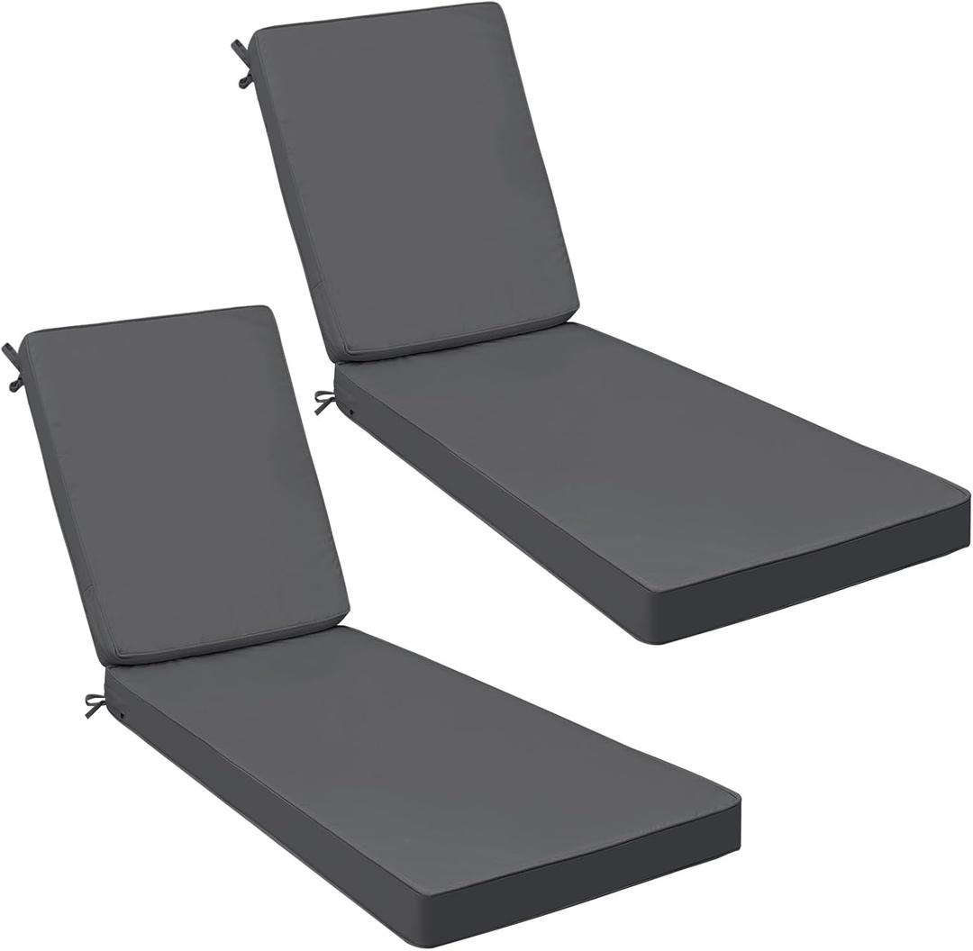 AAAAAcessories Outdoor Chaise Lounge Cushions, Fade-Resistant, Waterproof Patio Furniture Replacement Cushions, 72" x 21" x 3", Set of 2, Dark Gray