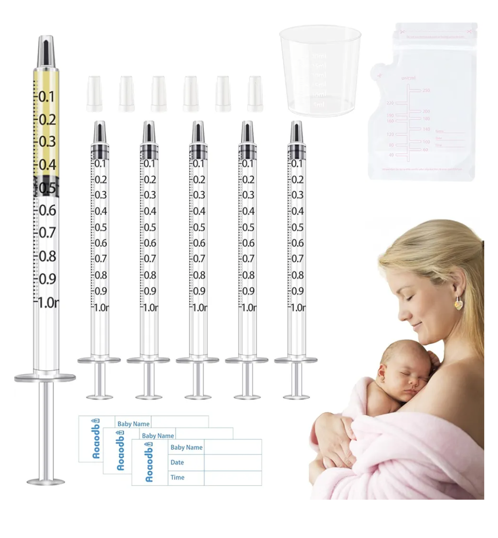 Colostrum Collector Kit Include 50pcs 1ml Sealed Breast Milk Collector No Needle Colostrum Syringes 5 Breastmilk Storage Bags and 1 piece 30 ml measuring cup with 50 Stickers