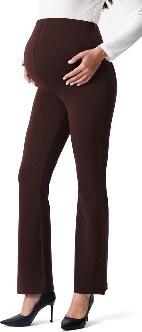 AFITNE Womens Flare Maternity Pants for Work Over The Belly with Pockets 31" Soft Bootcut Pregnancy Casual Dress Pants (Medium, Brown)