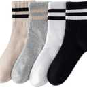 YUWELL Womens Striped Crew Socks, Cotton Cozy Casual Socks for Women 4 Pairs, Size 5-10 (4pairs-white Beige Black Gray)