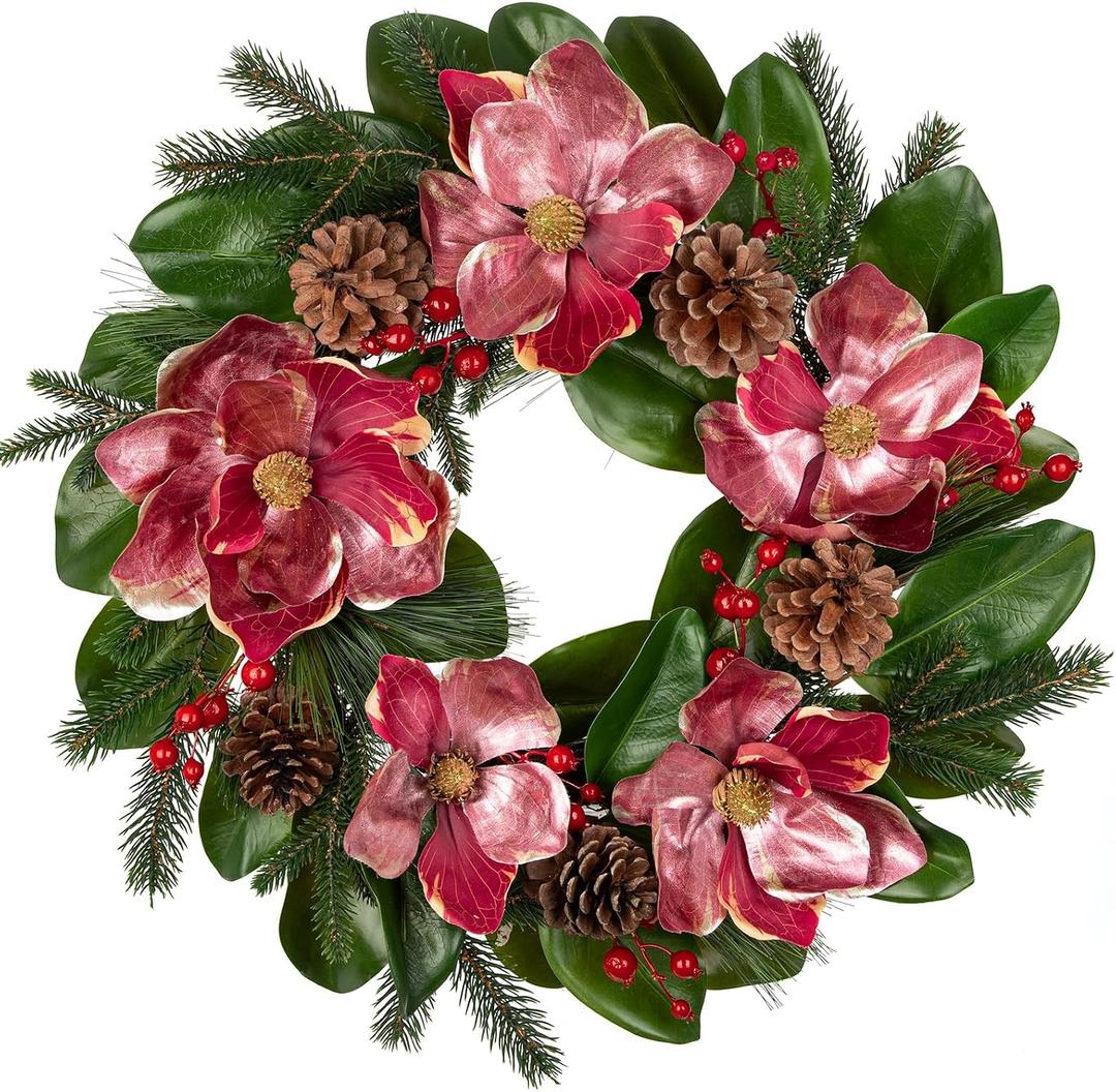 Briful 24in Christmas Magnolia Flower Wreath for Front Door Artificial Red Magnolia Floral Wreath with Pine Cones Berries Outdoor Christmas Wreath for Xmas Home Room Wall Window Mantle Decor