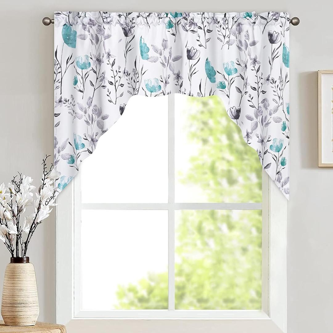 Likiyol Floral Swag Curtains Watercolor Flower Leaves for Kitchen, Teal and Gray Swag Valances, Rod Pocket Small Window Curtain for Cafe Bathroom Bedroom Drapes, 60"W x 36"L (Pack of 1)