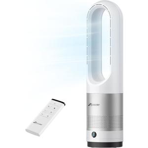 Zicooler Bladeless Fan for Bedroom, 22" Quiet Oscillating Tower Fan with Remote, 8 Speeds, 90 Wide-Angle, 35dB Quiet, 9H Timer, LED Display, Compact Bladeless Tower Fan for Living Room Office Kitchen (White + Silver)