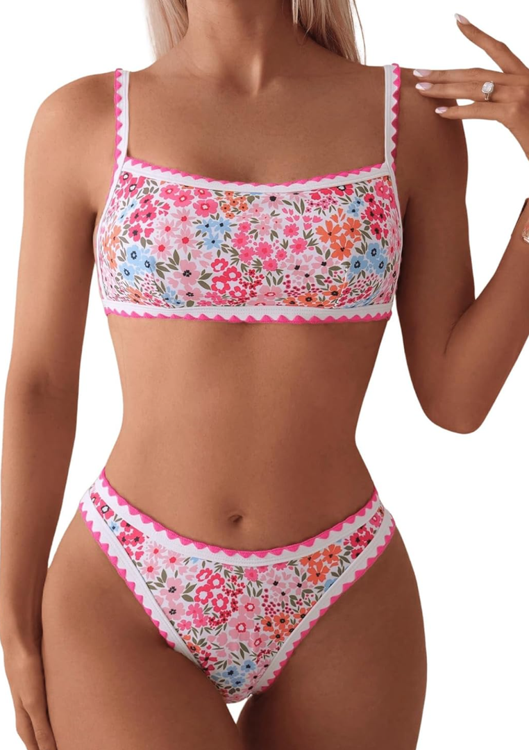 SOLY HUX Bathing Suit for Women Two Piece Floral Print Tie Back Swimsuit Bikini Sets, XS