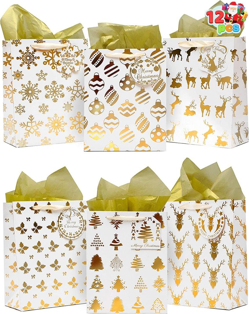 JOYIN 12 PCS Christmas Holiday Foil Gold Gift Bags with Tissue Papers and Name Card Tags; Assorted White Winter Prints for Party Favors Goody Bags, Xmas Presents and Wrapping Stocking Stuffers (8" x 4" x 10" (Pack of 12))
