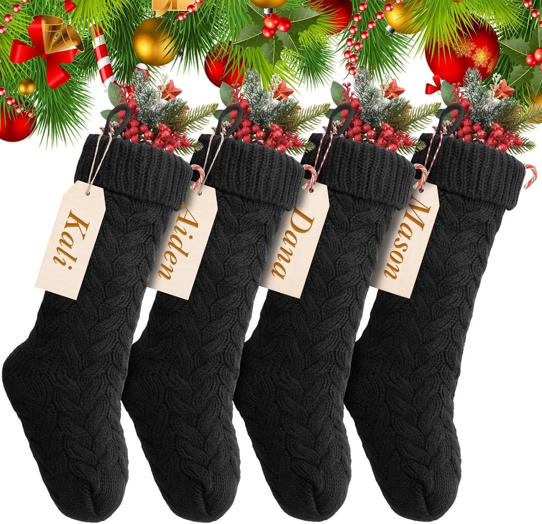 Sumind 4 Pack Christmas Stocking Pack Bulk 18'' Large Family Knitted Xmas Stocking with Name Tags Set, Holiday Fireplace Decoration (Black)