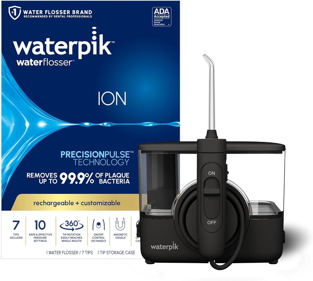 Waterpik ION Professional Water Flosser, Rechargeable and Portable for Teeth, Gums, Braces, 10 Settings, 7 Flossing Tips For Multiple Users And Needs, ADA Accepted, WF-12 Black