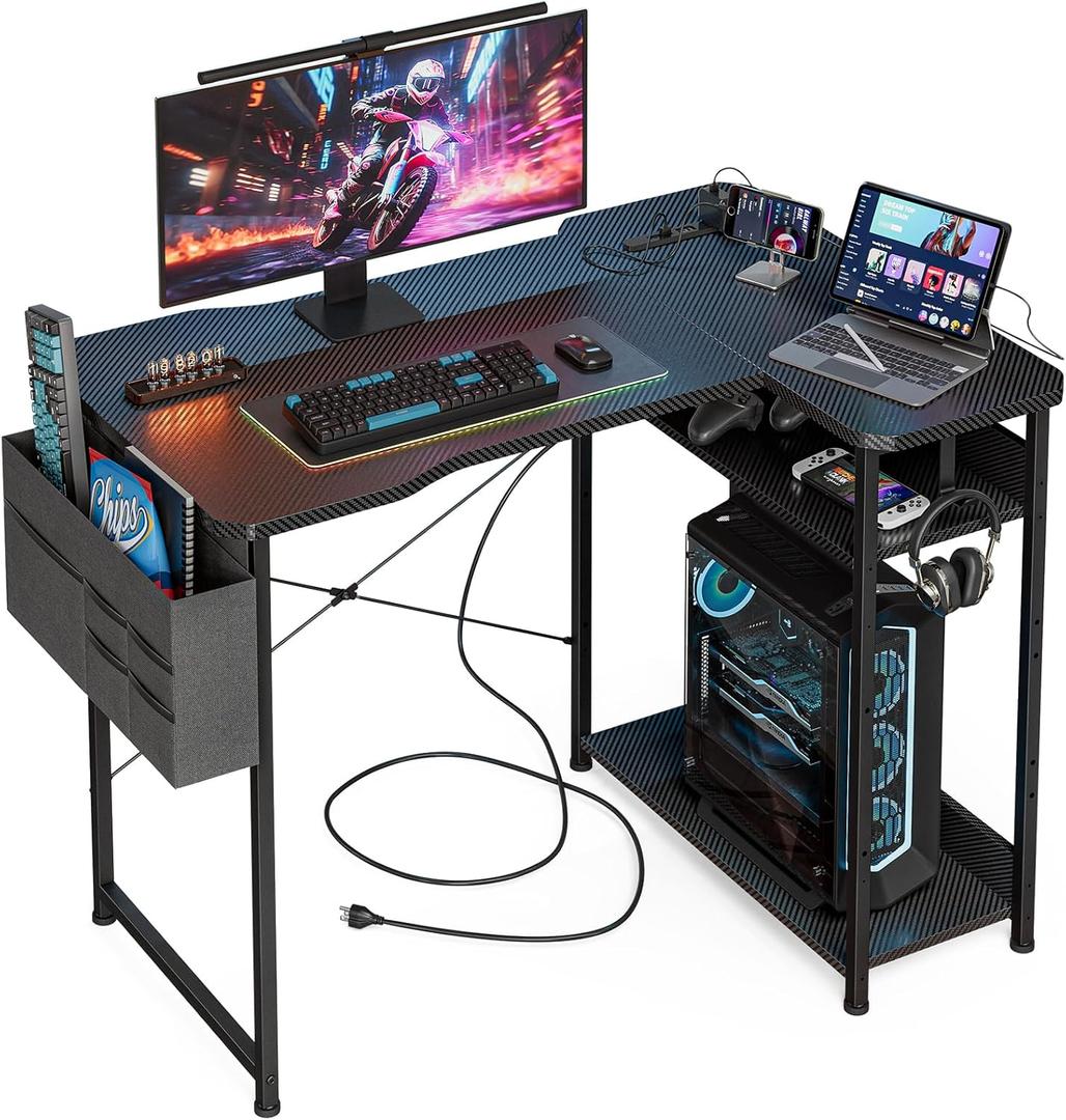 L Shaped Gaming Desk 40 Inch - Computer Corner Desk with Power Outlets, Reversible Shelves & Storage Bag for Home Office, PC Gaming Table, Black Carbon