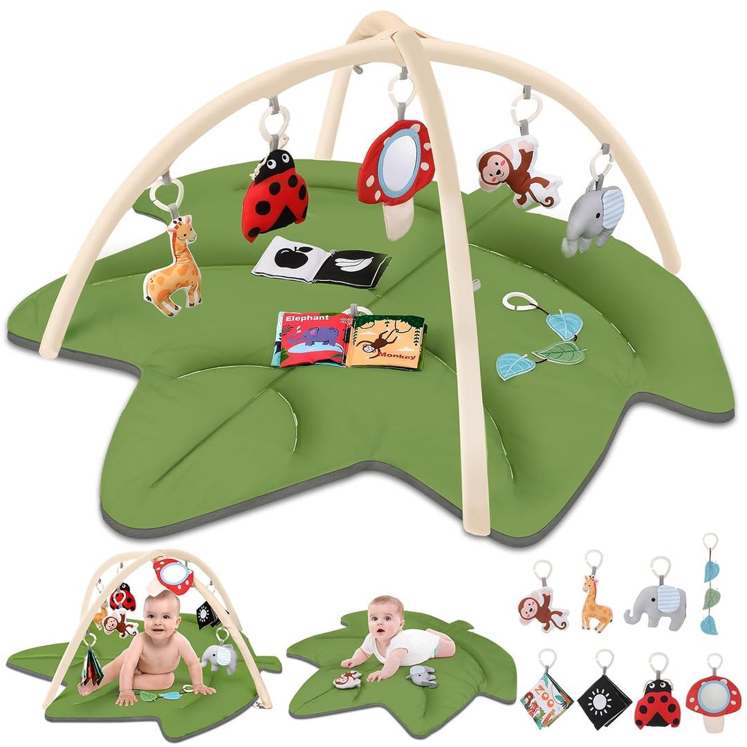 Baby Play Gym & Activity Mat, Leaf Shaped Tummy Time Mat with 8 Detachable Toys,Infant Play Mat for Stage-Based Sensory & Motor Skill Development,Christmas for Newborn Boys Girls