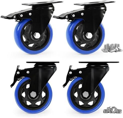Caster Wheels, Heavy Duty 4 Inch Casters Set of 3, Locking Swivel Casters Wheels for Cart, Furniture and Workbench, Blue