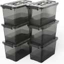Clear Black Plastic Storage Bins with Lids/Handles, 6-Pack Stackable Storage Containers for Organizing, 7 Quart Latch Organizer Boxes