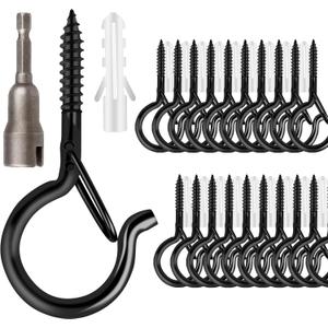 48 PCS Q-Hanger Hooks, Screw Hooks for Outdoor String Lights, Safety Buckle Design Cup Eye Hook for Hanging Christmas Lights, Plants, Wind Chimes, Mounted on Wall Ceiling, Include 1 Wing Nut Driver (Black)