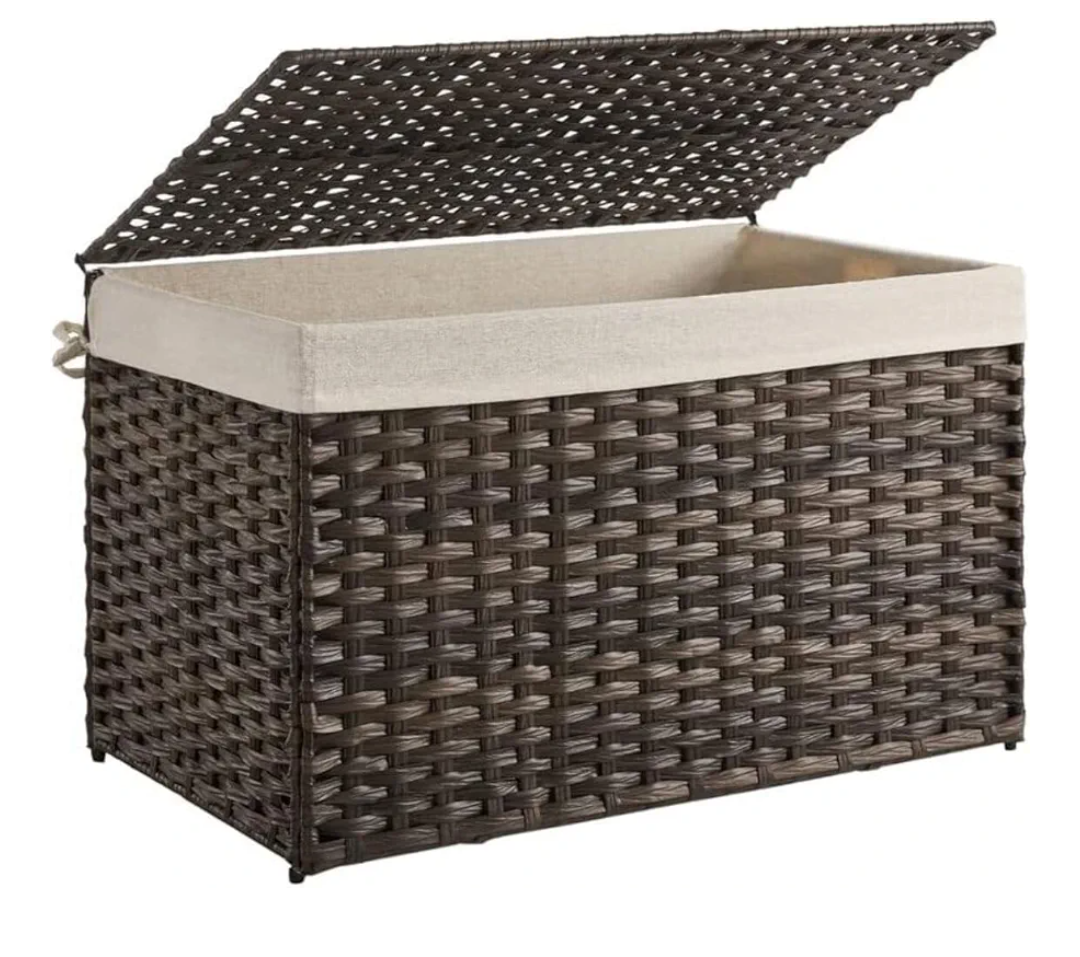 SONGMICS Storage Basket with Lid, Woven Blanket Storage Bin with Handles, Foldable, Removable Liner, Metal Frame, for Bedroom, Laundry Room, 42.3 Gallons (160 L), Brown RST56BR