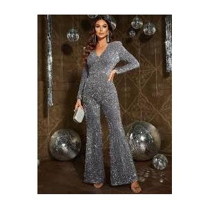 shengfan Elegant Sexy Sparkly Jumpsuits for Women Casual Long Sleeve Deep V Neck Sequin Clubwear Party Wide Leg Pants Rompers(Grey,Medium)