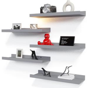 RICHER HOUSE Mounted Shelves for Wall Decor, Modern Picture Ledge Shelf with Lip for Wall Storage Nursery, Bedroom, Living Room, Bathroom - Grey (5pcs*15.75in)