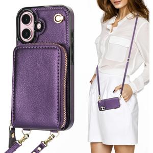 KIHUWEY Crossbody Wallet Case for iPhone 16, Zipper Pocket Case with Card Holder, PU Leather RFID Blocking Protective Cover Case with Kickstand Detachable Wrist Strap Lanyard 6.1" (Purple)