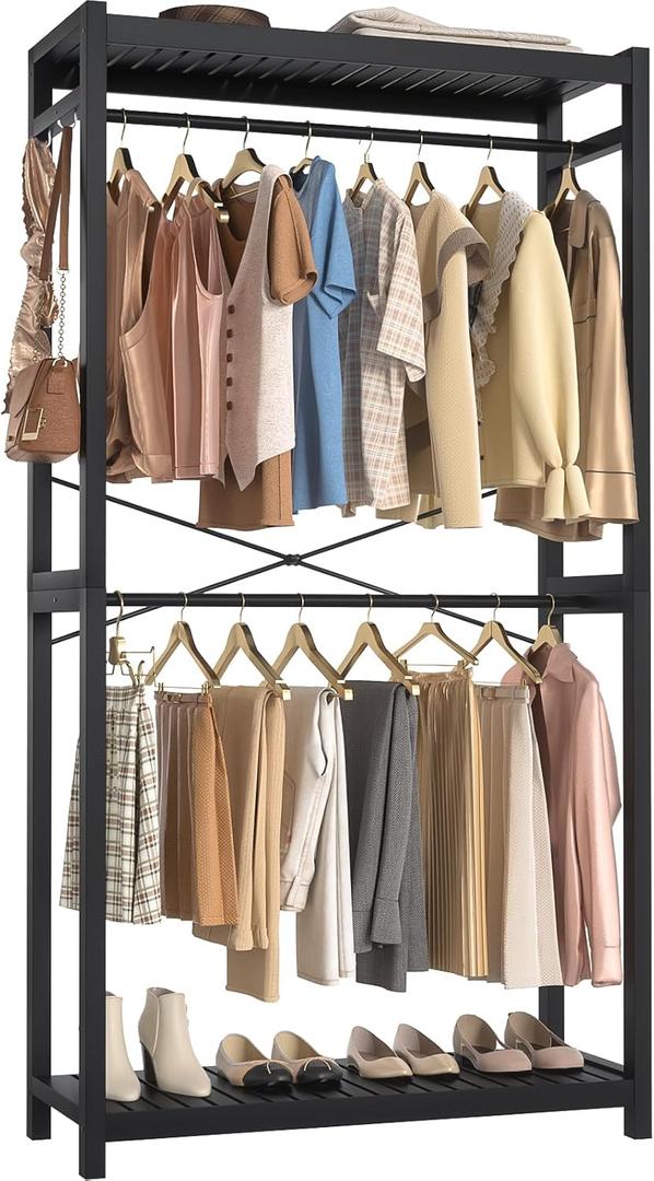 Homykic Bamboo Clothes Rack with Shelves and Double Hang Rods, Portable Closet System Garment Rack for Hanging Clothes, 34W x 79H Clothing Rack Organizer for Walk In Closet Corner Laundry, Black