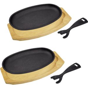 DVK 2 Set Cast Iron Skillet Sizzling Plate With Wooden Base Fajita Skillet With Removable Handle For Home Barbeque Kitchen Service (XL)