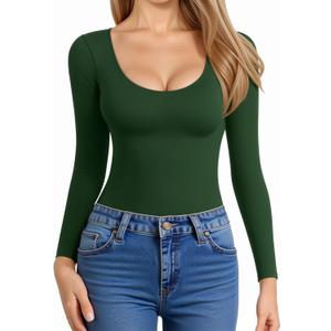 MANGOPOP Women's Scoop Neck Long Sleeve Shirts for Women Double Lined Tops Fall Outfits for Women 2025 (Deep Green)