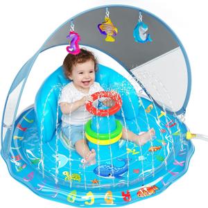 Baby Splash Pad, Inflatable Baby Pool Float with Canopy, Splash Pad with Stackable Rings & Hanging Toys for Toddlers, Baby Pool Sprinkler, Outdoor Water Play Toys for Boys Girls